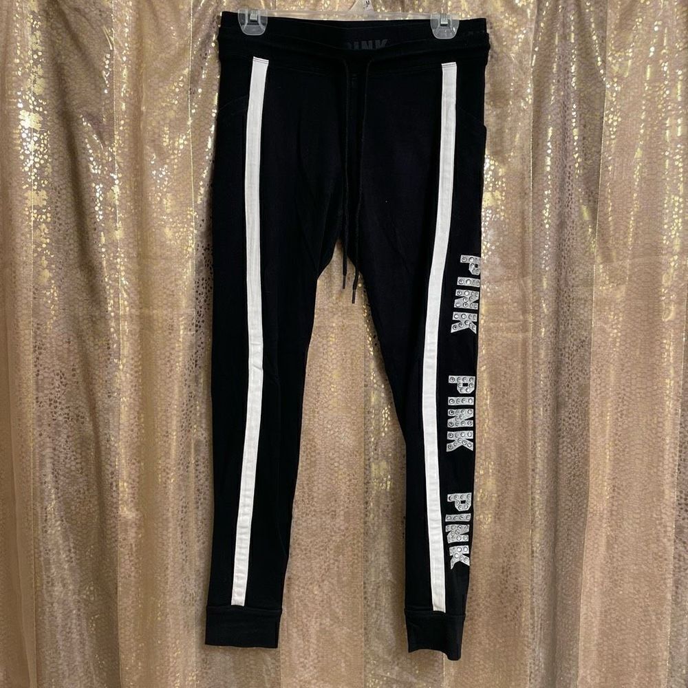 PINK Victorias Secret Black White Rhinestone Bling Joggers, Medium